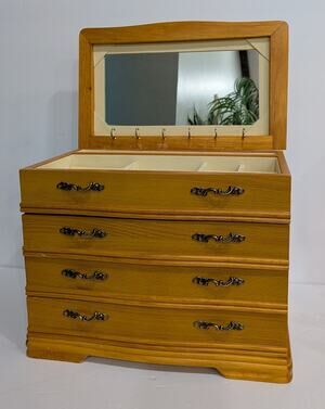 Vintage Wooden Jewelry Box Chest 3 Drawer Vanity Mirror Hooks Croft And Barrow